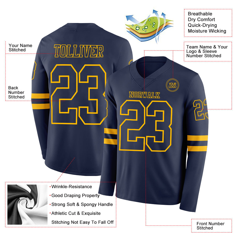 Custom Navy Gold Long Sleeve Authentic Football Jersey view 2