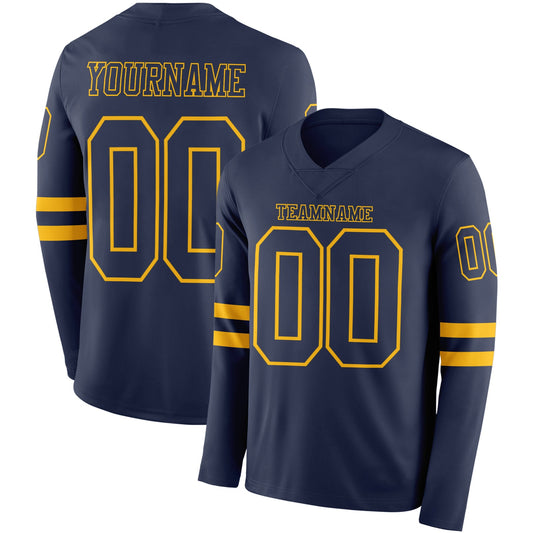 Custom Navy Gold Long Sleeve Authentic Football Jersey - Main View