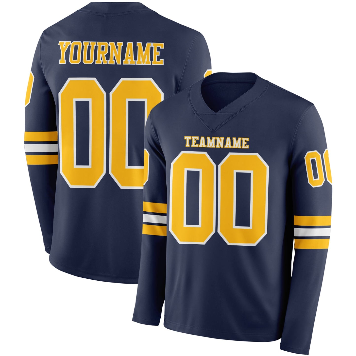 Custom Navy Gold-White Long Sleeve Authentic Football Jersey - Main View