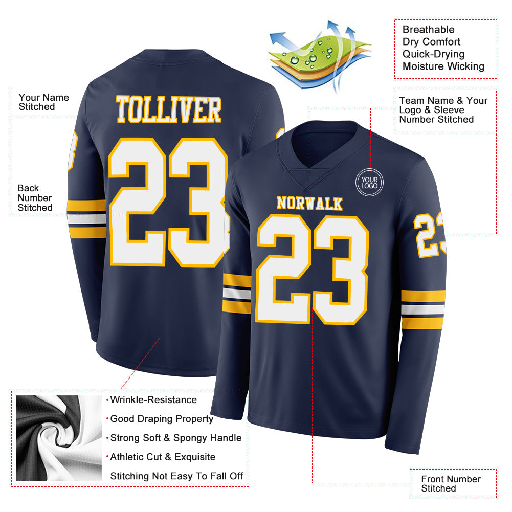 Custom Navy White-Gold Long Sleeve Authentic Football Jersey view 2