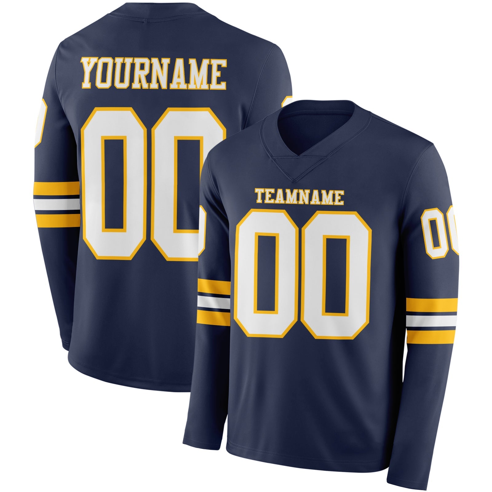 Custom Navy White-Gold Long Sleeve Authentic Football Jersey - Main View