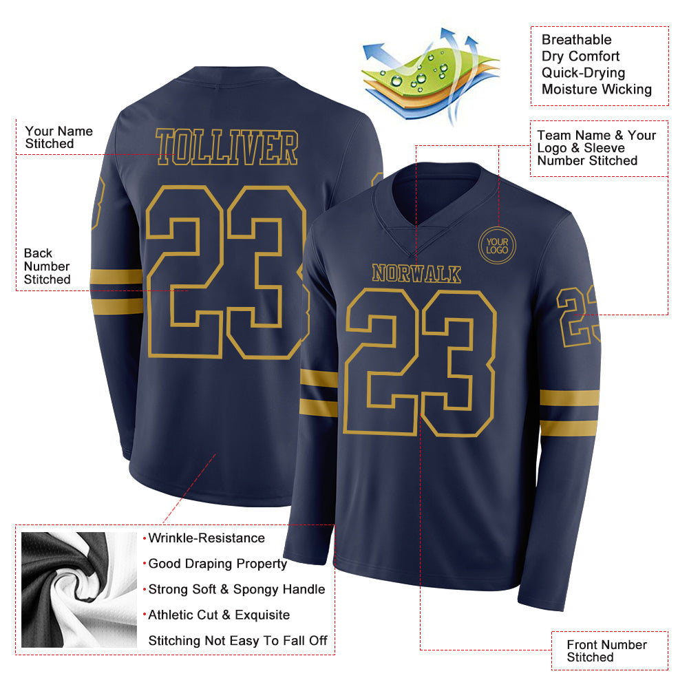 Custom Navy Old Gold Long Sleeve Authentic Football Jersey view 2