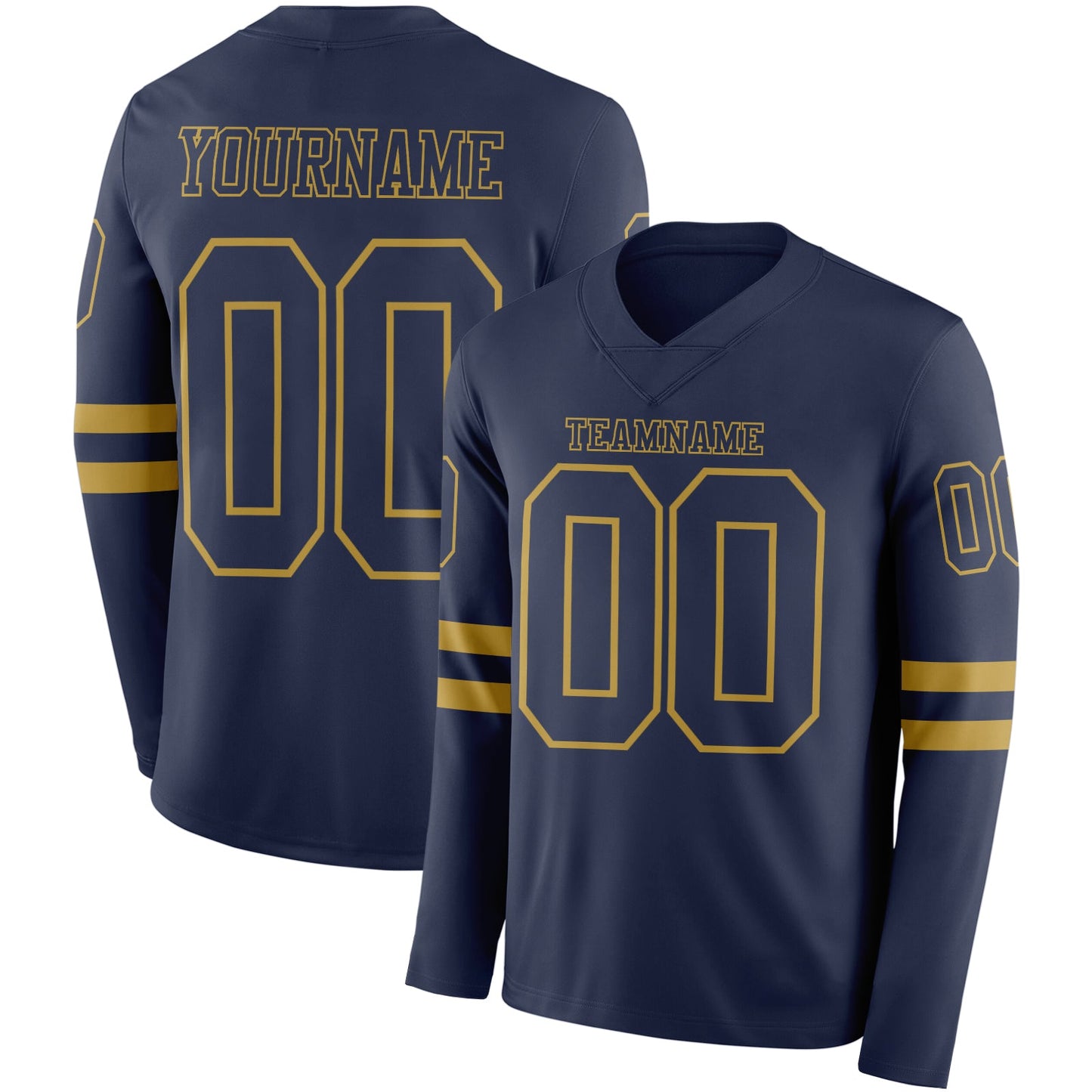 Custom Navy Old Gold Long Sleeve Authentic Football Jersey - Main View