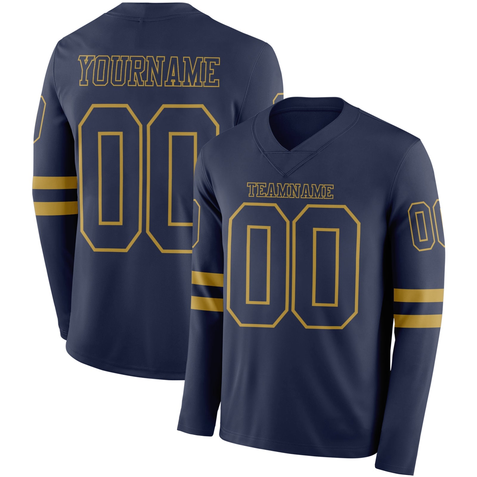 Custom Navy Old Gold Long Sleeve Authentic Football Jersey - Main View