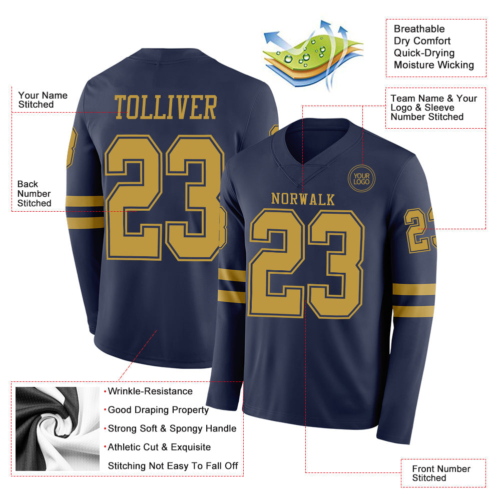 Custom Navy Old Gold Long Sleeve Authentic Football Jersey view 2