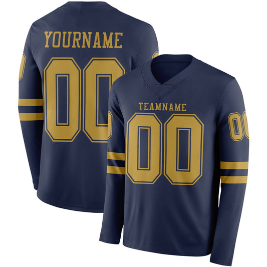 Custom Navy Old Gold Long Sleeve Authentic Football Jersey - Main View