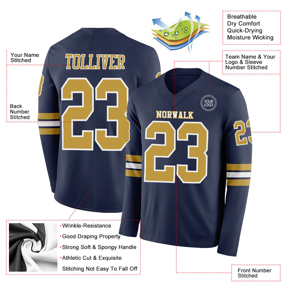 Custom Navy Old Gold-White Long Sleeve Authentic Football Jersey view 2