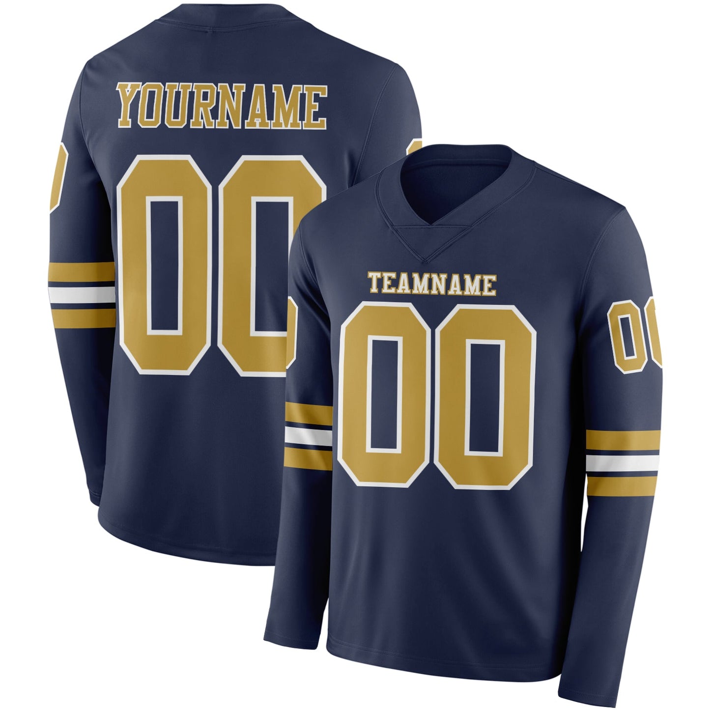 Custom Navy Old Gold-White Long Sleeve Authentic Football Jersey - Main View