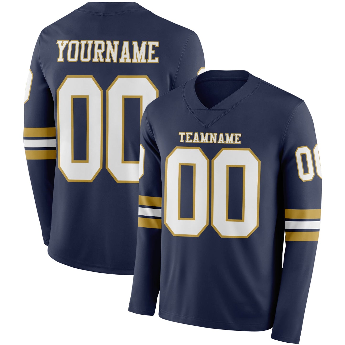 Custom Navy White-Old Gold Long Sleeve Authentic Football Jersey - Main View