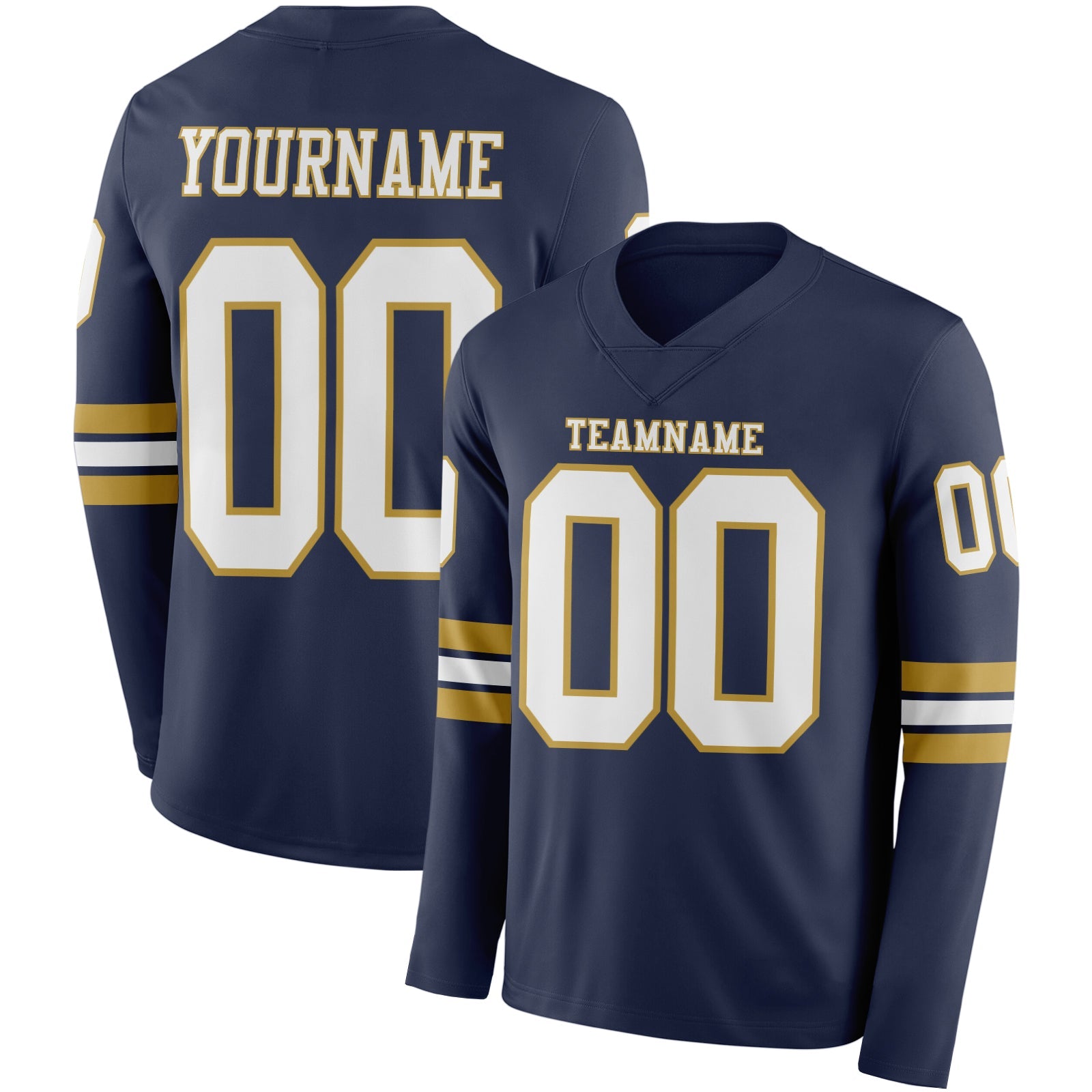 Custom Navy White-Old Gold Long Sleeve Authentic Football Jersey - Main View
