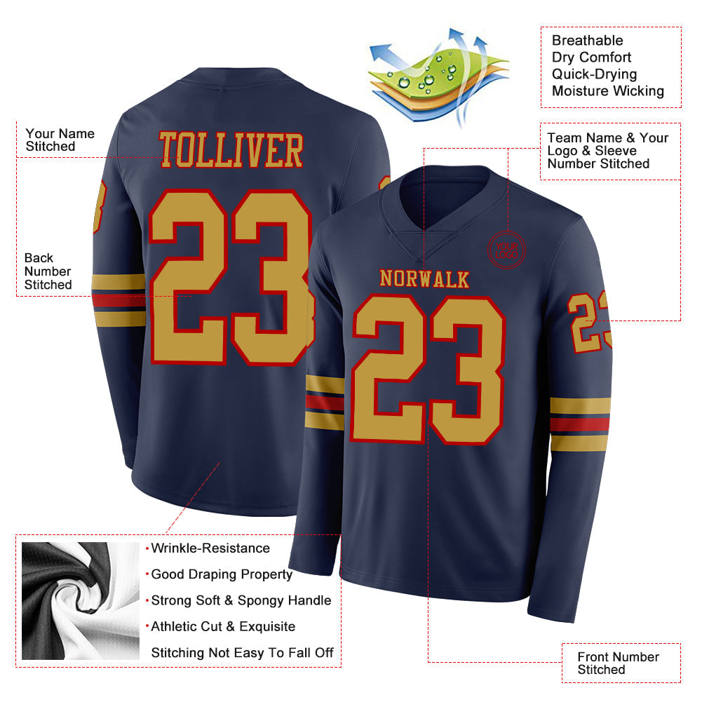 Custom Navy Old Gold-Red Long Sleeve Authentic Football Jersey view 2