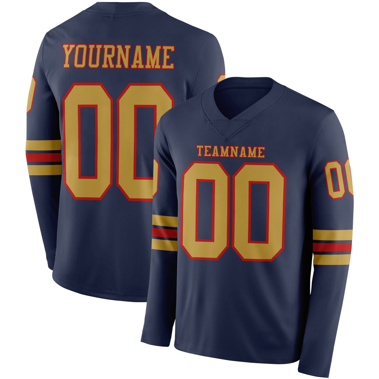 Custom Navy Old Gold-Red Long Sleeve Authentic Football Jersey - Main View