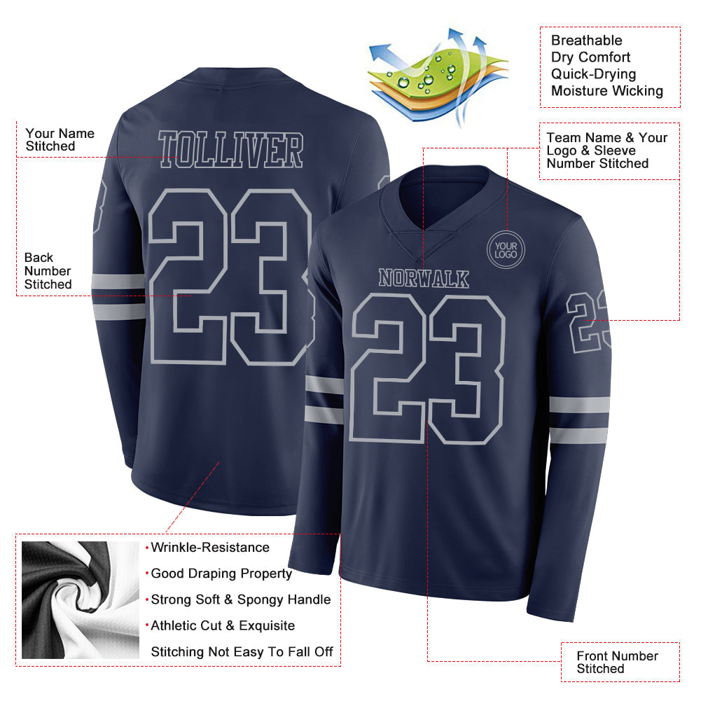 Custom Navy Gray Long Sleeve Authentic Football Jersey view 2