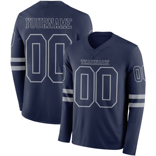 Custom Navy Gray Long Sleeve Authentic Football Jersey - Main View