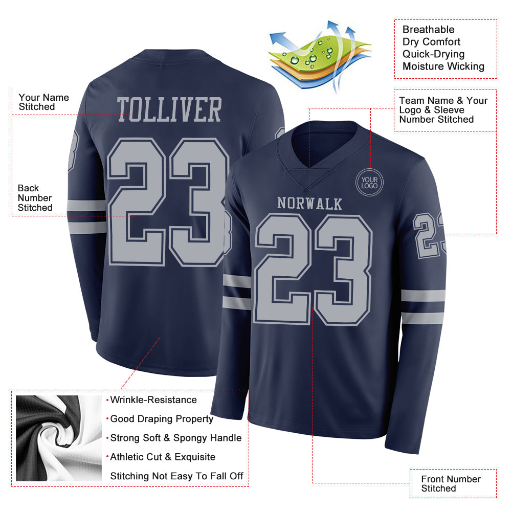 Custom Navy Gray Long Sleeve Authentic Football Jersey view 2