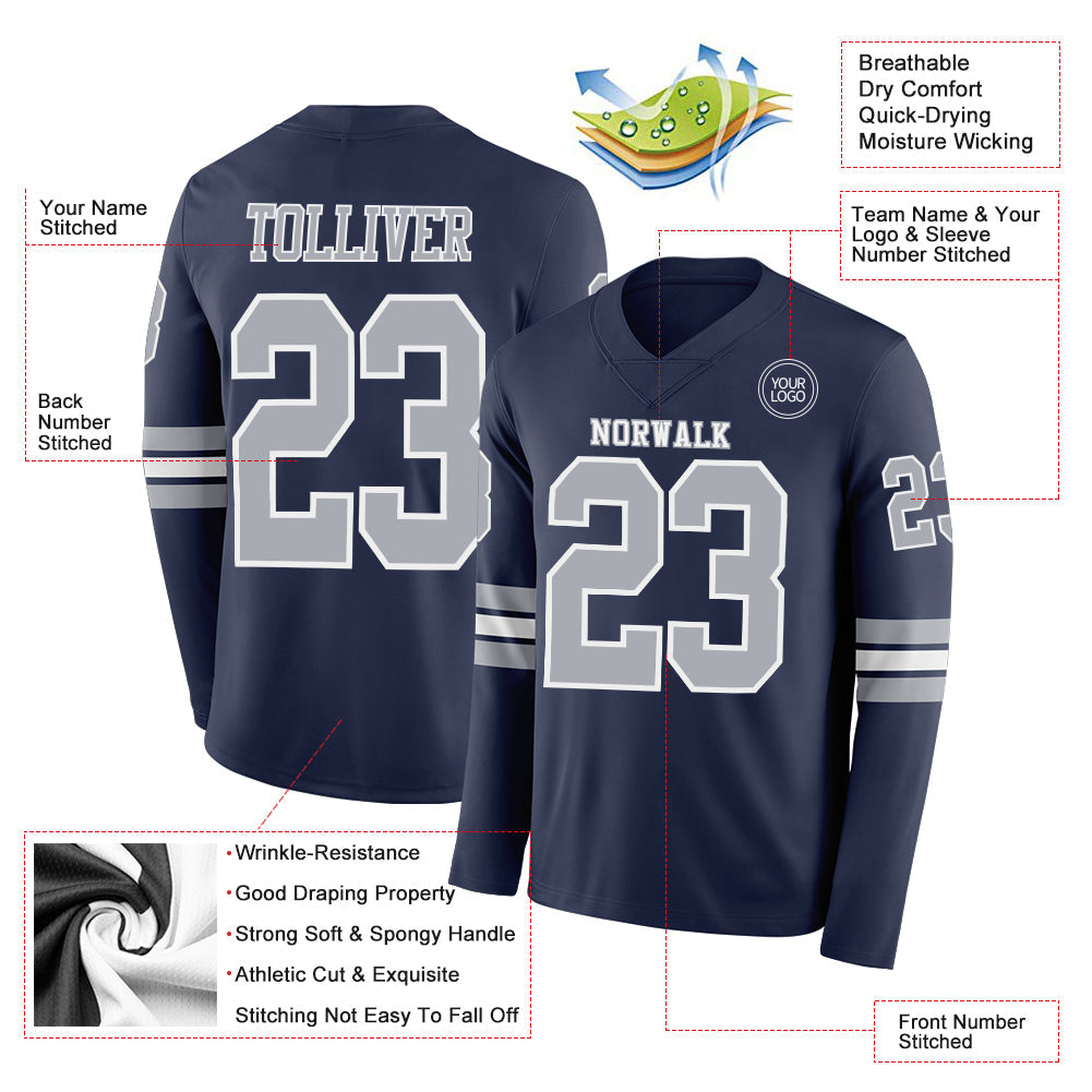Custom Navy Gray-White Long Sleeve Authentic Football Jersey view 2