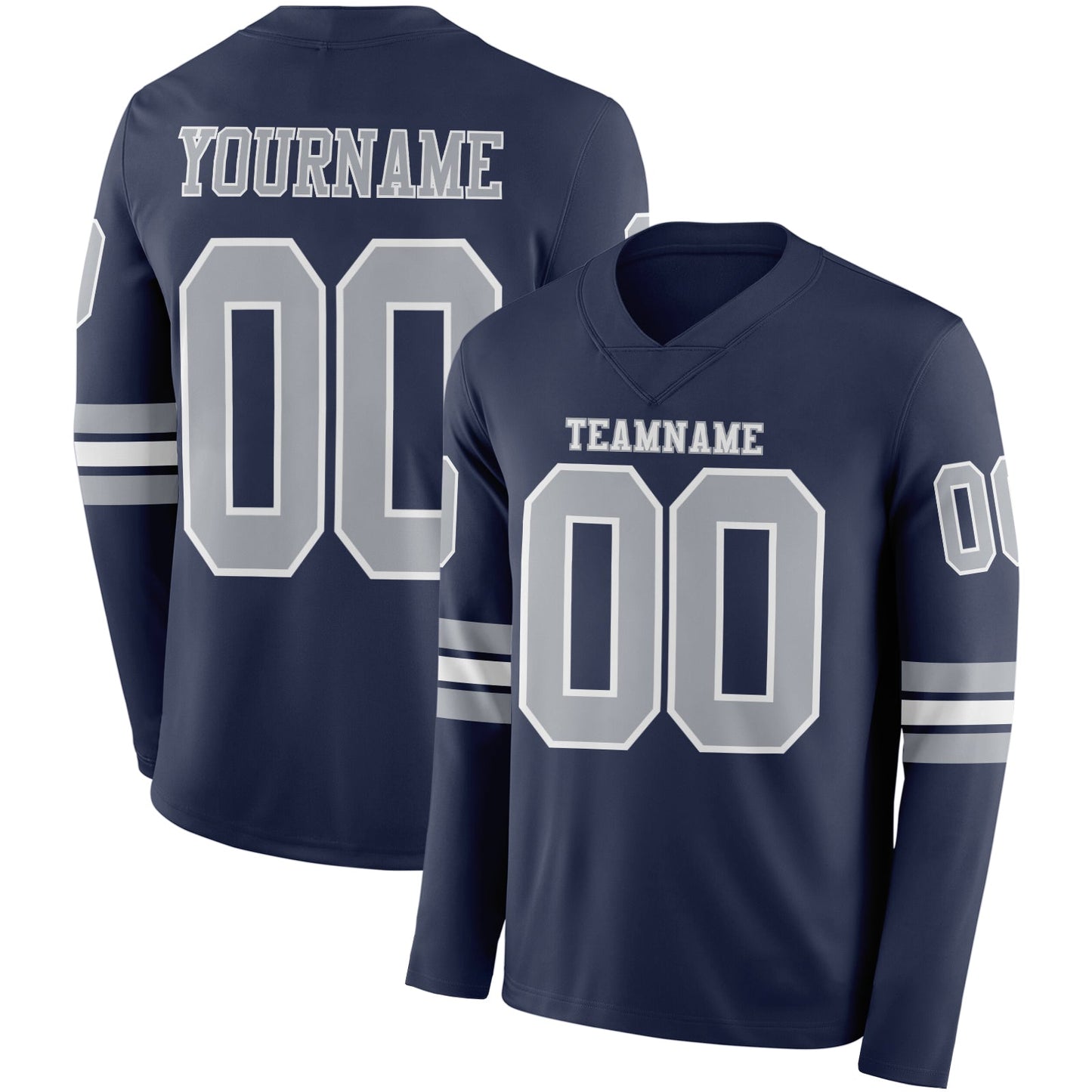 Custom Navy Gray-White Long Sleeve Authentic Football Jersey - Main View