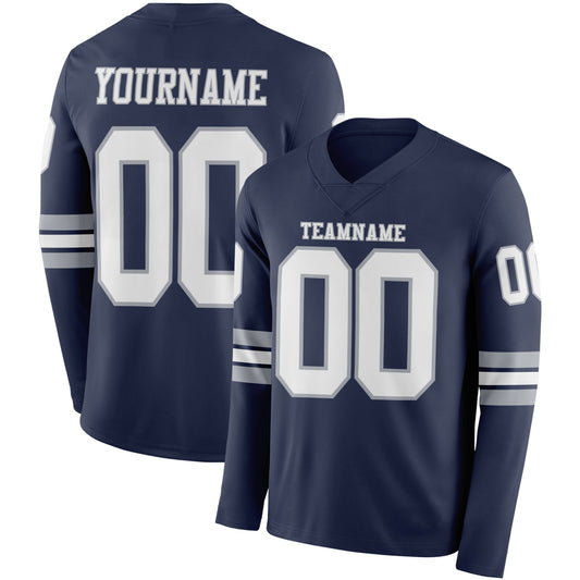 Custom Navy White-Gray Long Sleeve Authentic Football Jersey - Main View