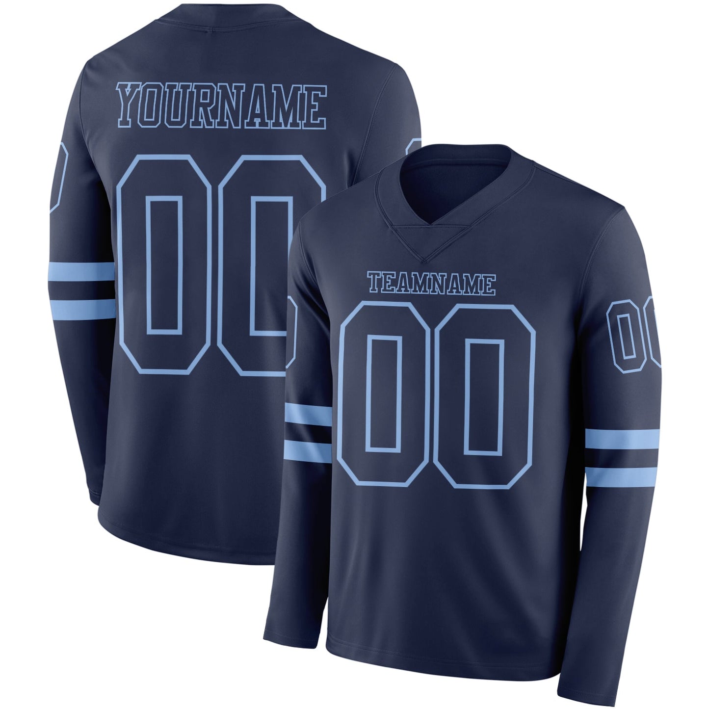 Custom Navy Light Blue Long Sleeve Authentic Football Jersey - Main View