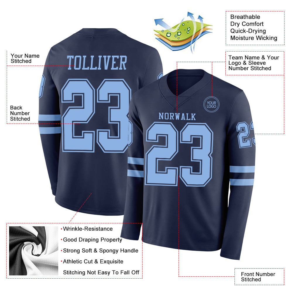 Custom Navy Light Blue Long Sleeve Authentic Football Jersey view 2