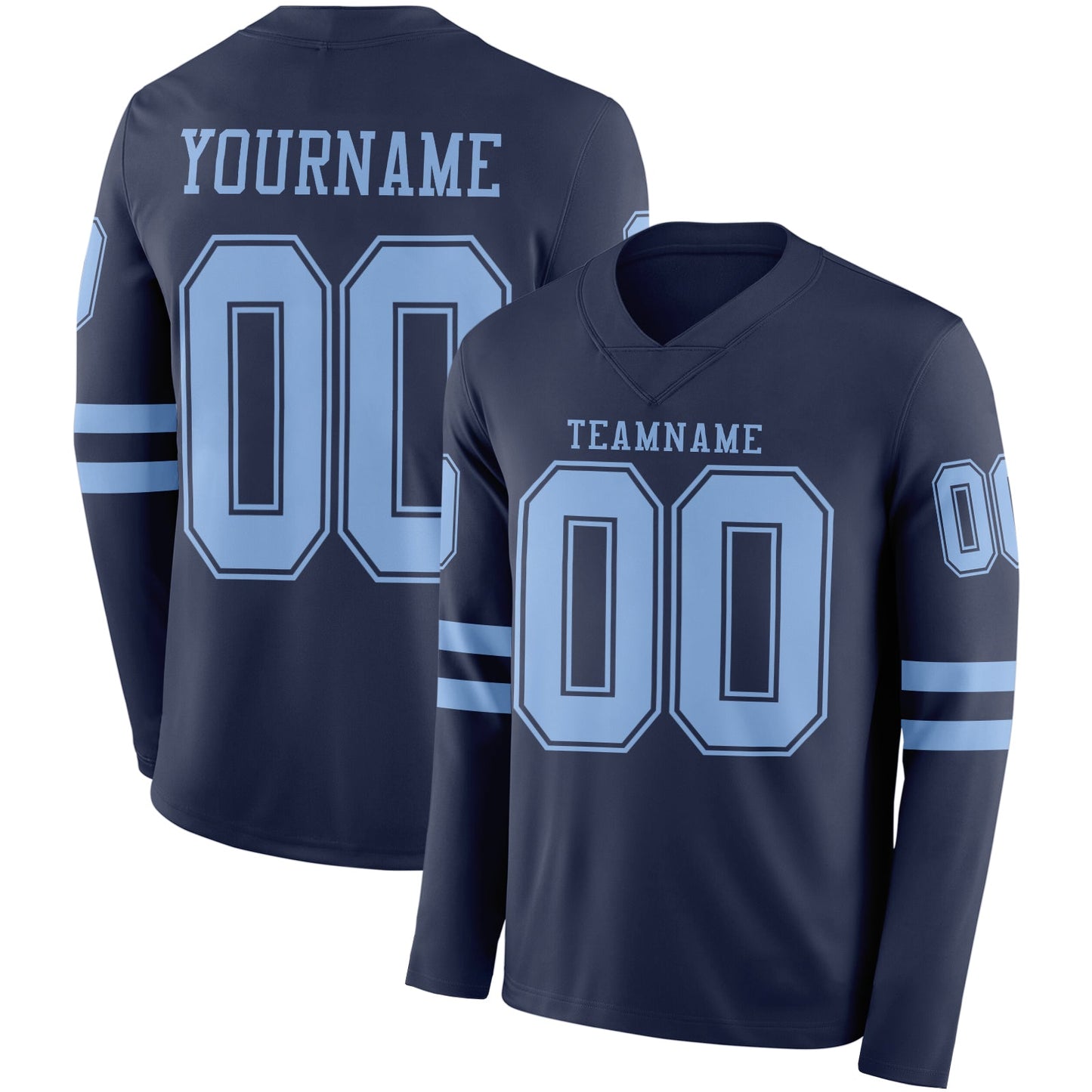 Custom Navy Light Blue Long Sleeve Authentic Football Jersey - Main View