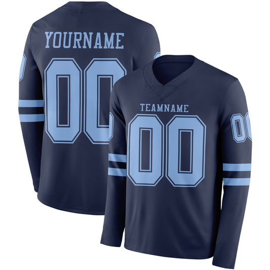 Custom Navy Light Blue Long Sleeve Authentic Football Jersey - Main View