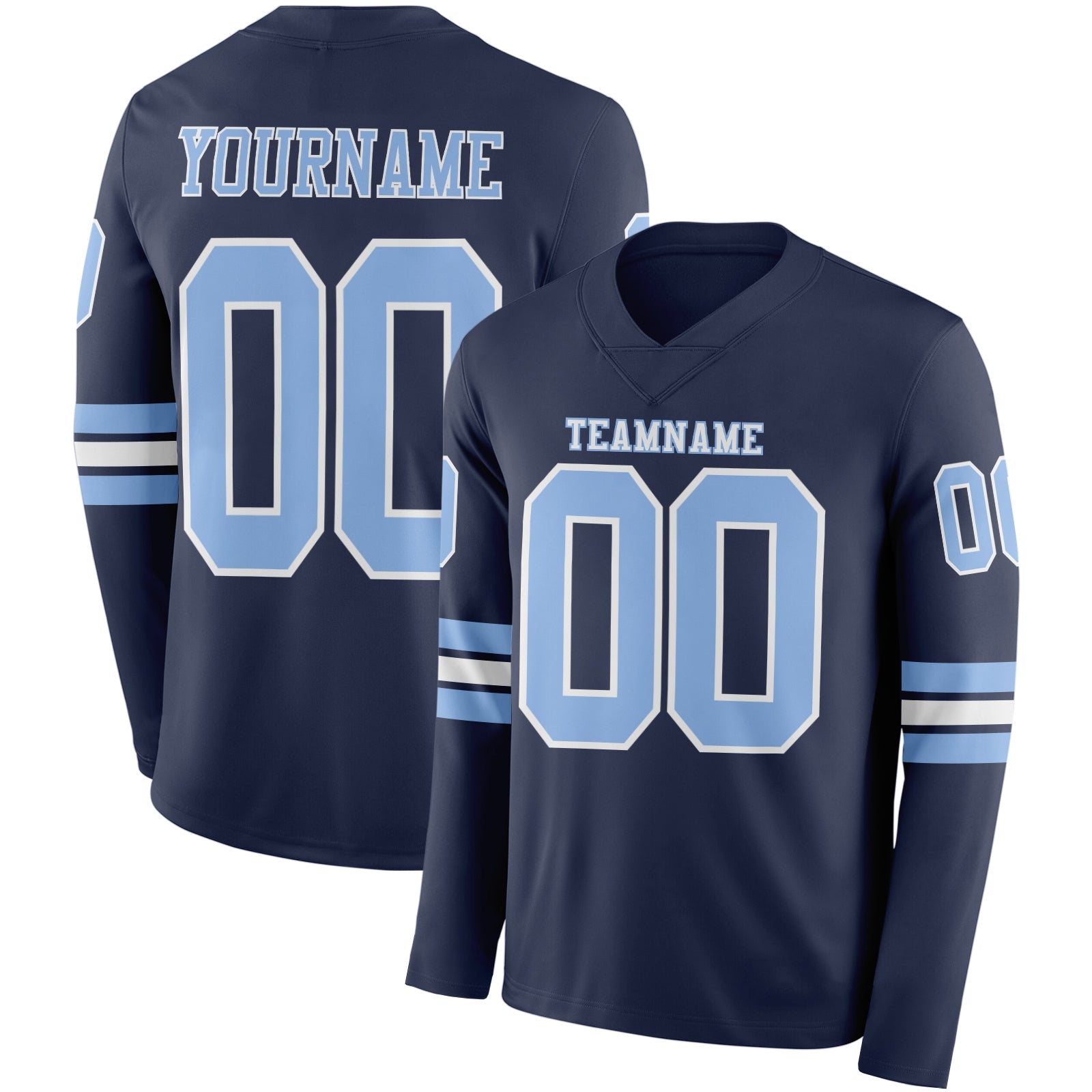 Custom Navy Light Blue-White Long Sleeve Authentic Football Jersey - Main View