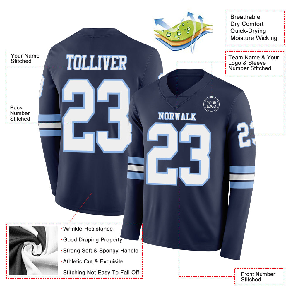 Custom Navy White-Light Blue Long Sleeve Authentic Football Jersey view 2