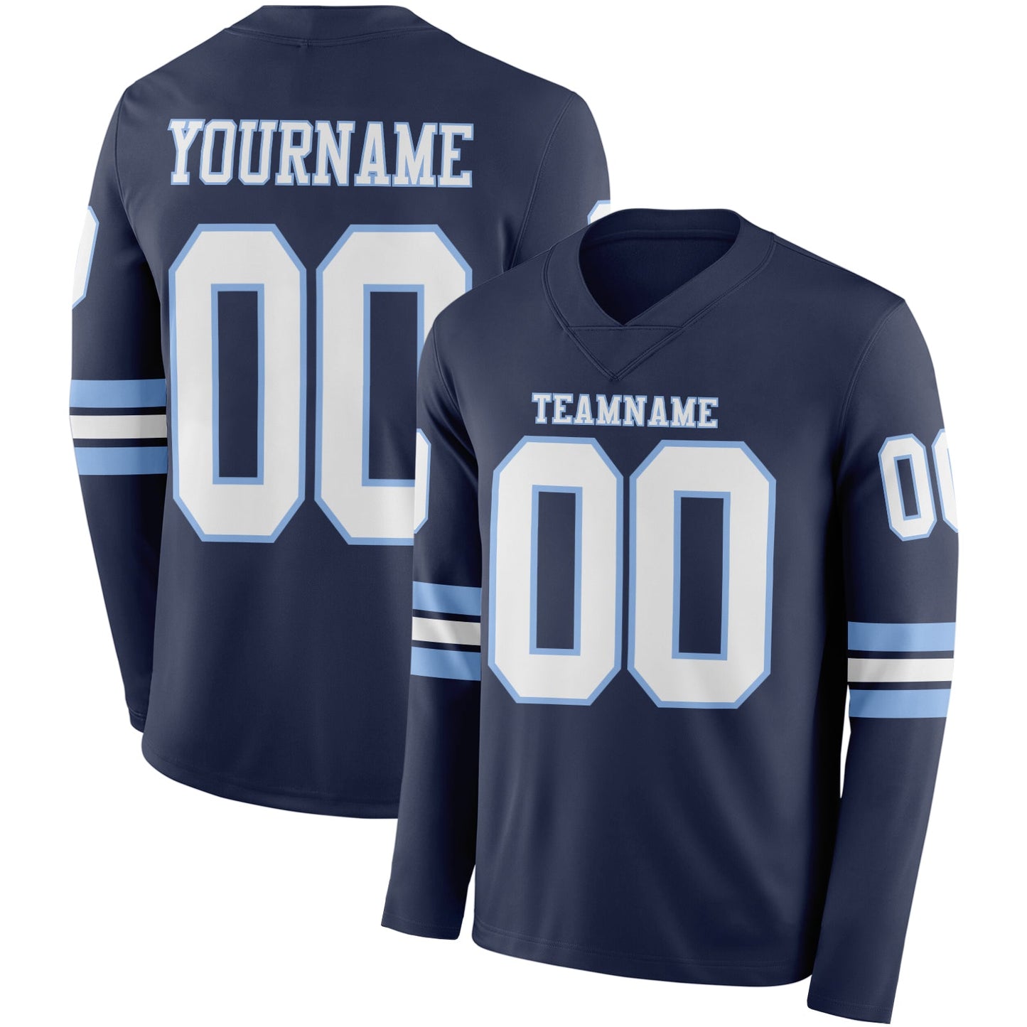 Custom Navy White-Light Blue Long Sleeve Authentic Football Jersey - Main View