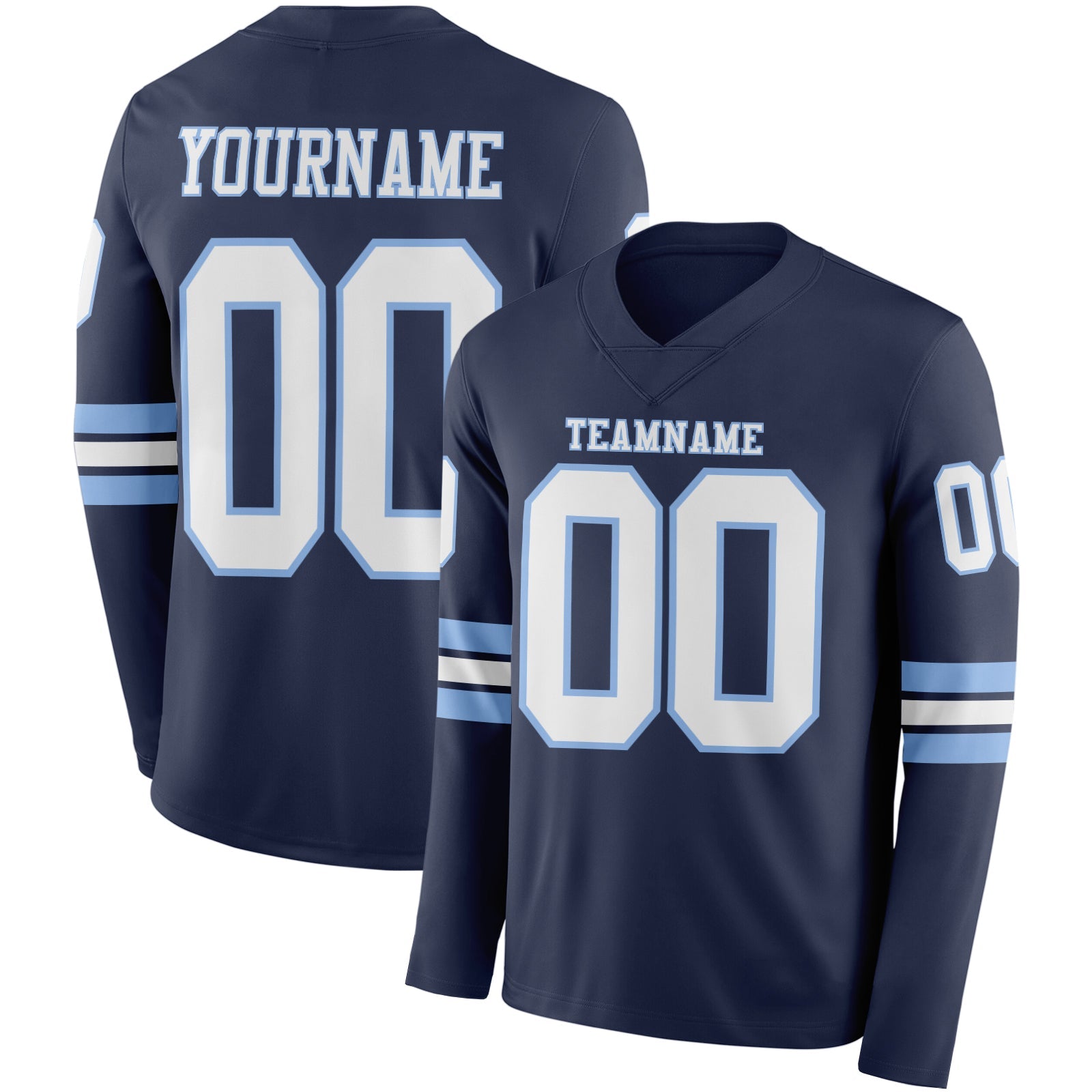 Custom Navy White-Light Blue Long Sleeve Authentic Football Jersey - Main View