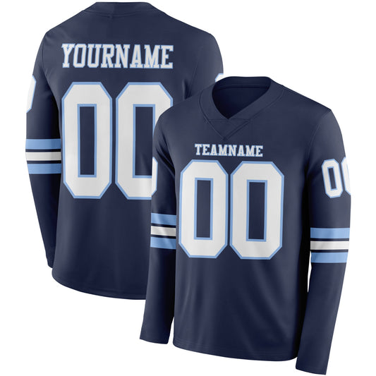 Custom Navy White-Light Blue Long Sleeve Authentic Football Jersey - Main View