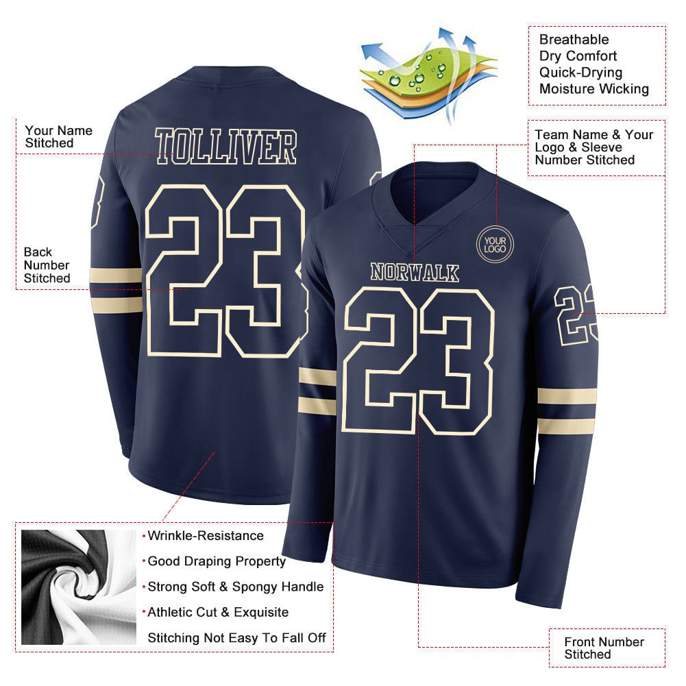 Custom Navy Cream Long Sleeve Authentic Football Jersey view 2