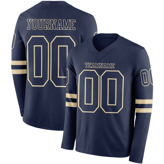 Custom Navy Cream Long Sleeve Authentic Football Jersey - Main View