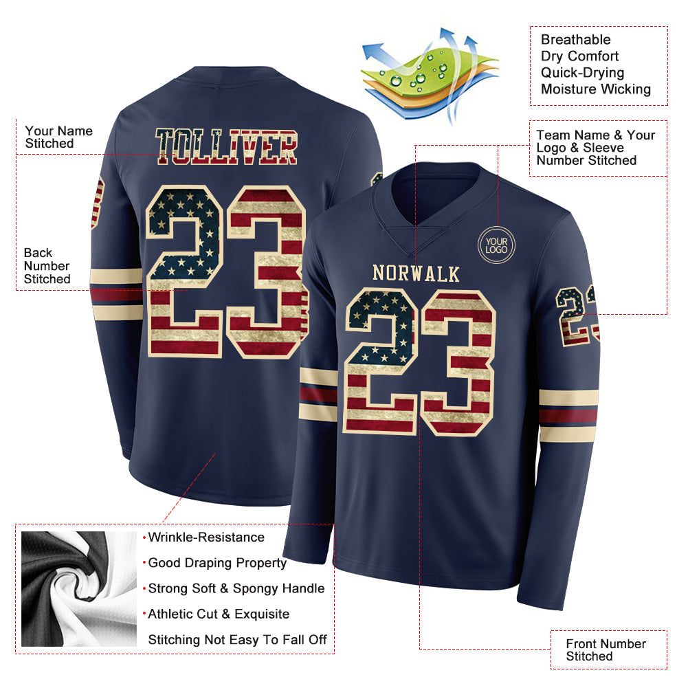 Custom Navy Vintage USA Flag Cream-Crimson Long Sleeve Authentic Football Jersey view 2