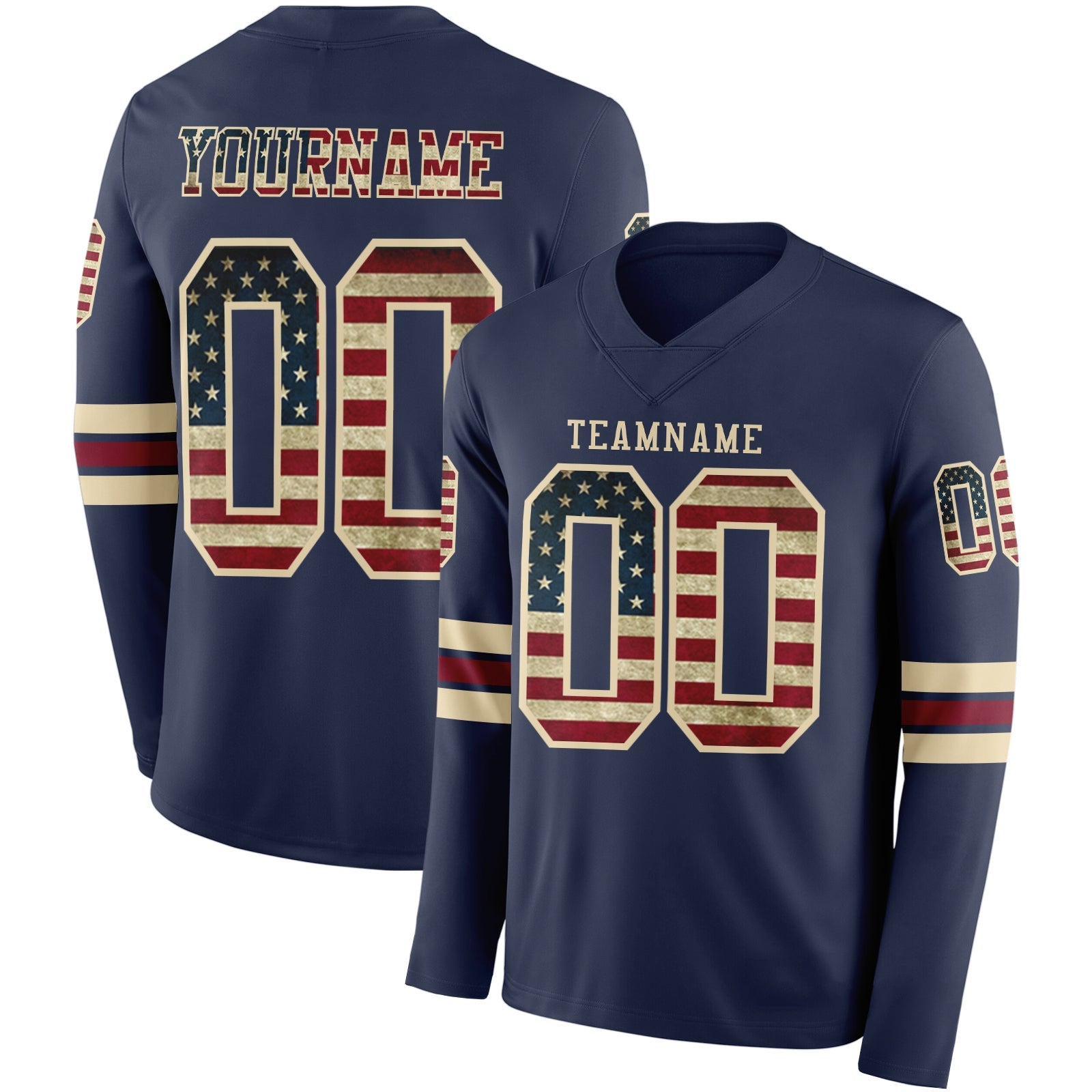 Custom Navy Vintage USA Flag Cream-Crimson Long Sleeve Authentic Football Jersey - Main View