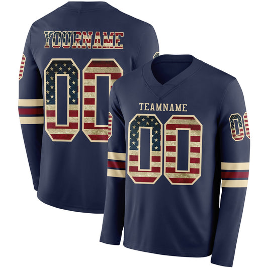 Custom Navy Vintage USA Flag Cream-Crimson Long Sleeve Authentic Football Jersey - Main View