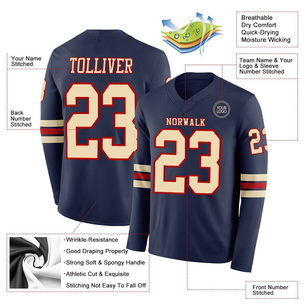 Custom Navy Cream-Red Long Sleeve Authentic Football Jersey view 2