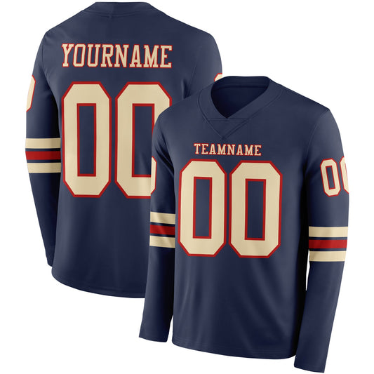 Custom Navy Cream-Red Long Sleeve Authentic Football Jersey - Main View