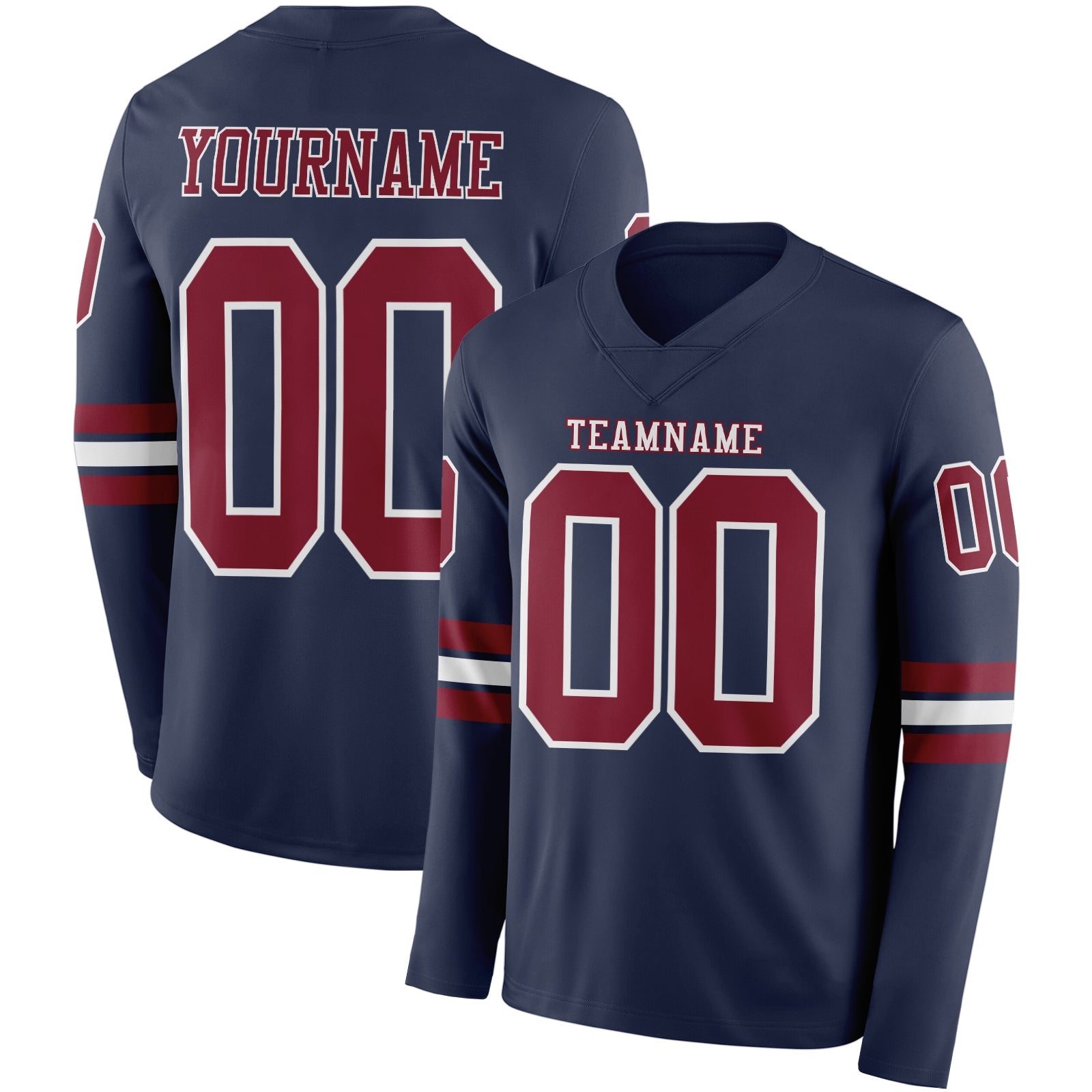Custom Navy Crimson-White Long Sleeve Authentic Football Jersey - Main View