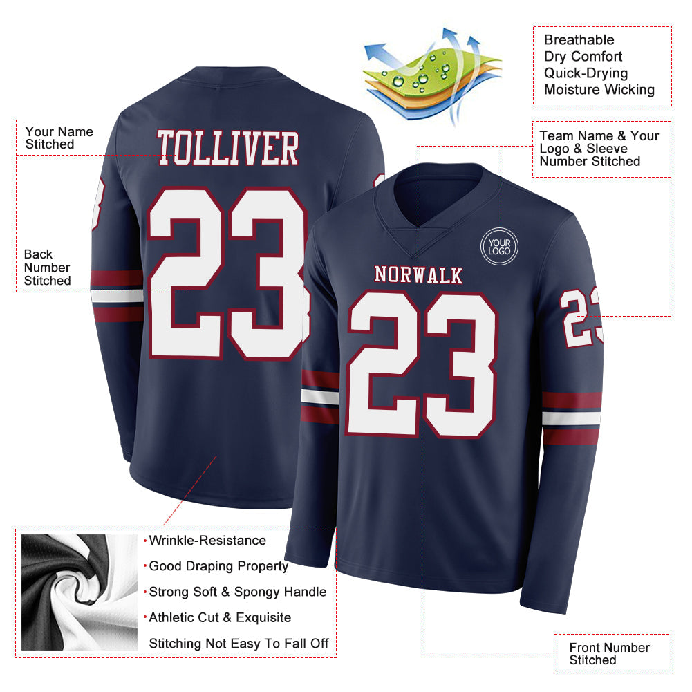 Custom Navy White-Crimson Long Sleeve Authentic Football Jersey view 2