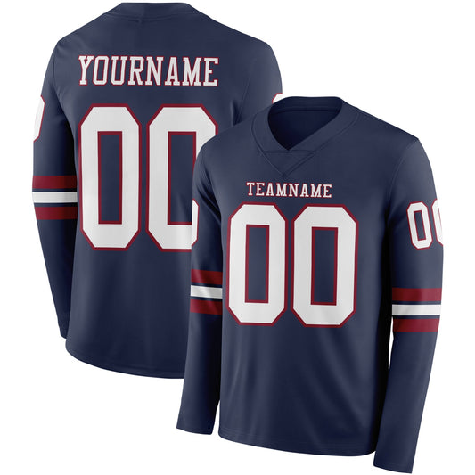 Custom Navy White-Crimson Long Sleeve Authentic Football Jersey - Main View