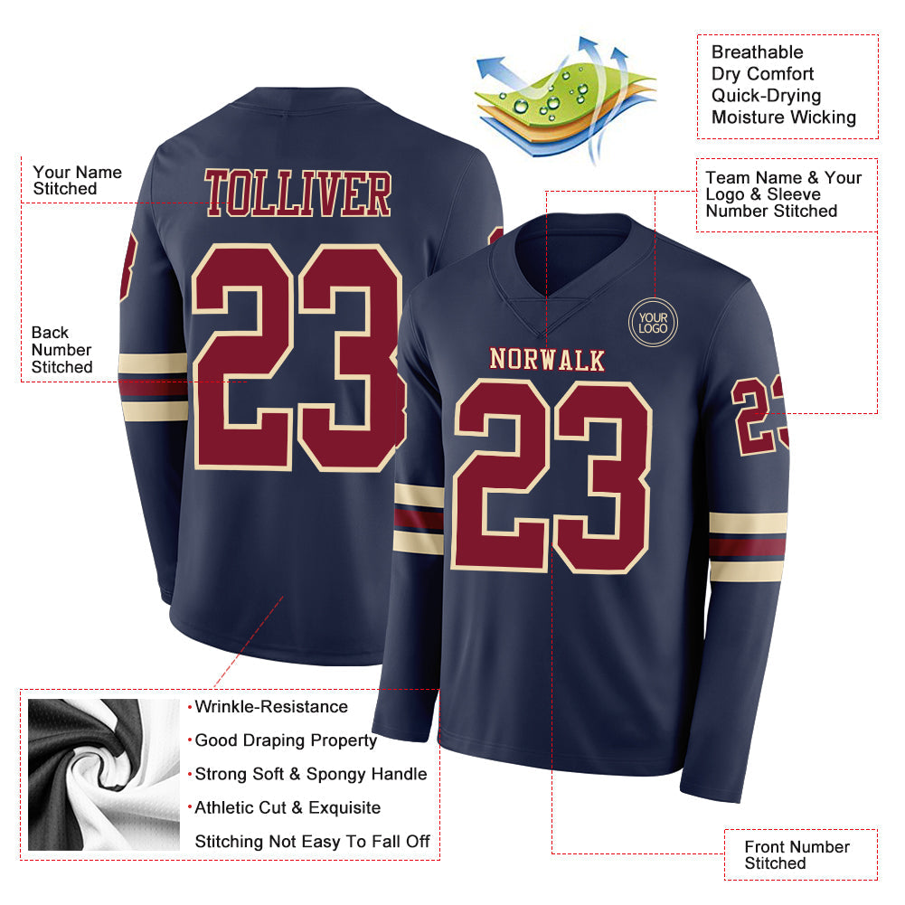Custom Navy Crimson-Cream Long Sleeve Authentic Football Jersey view 2
