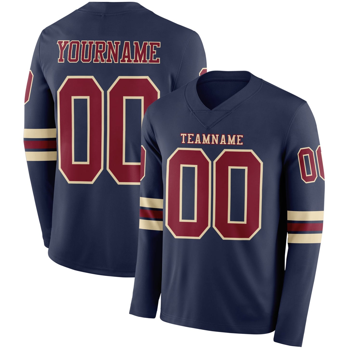 Custom Navy Crimson-Cream Long Sleeve Authentic Football Jersey - Main View