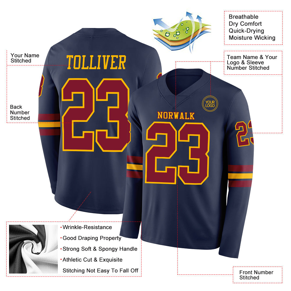 Custom Navy Crimson-Gold Long Sleeve Authentic Football Jersey view 2