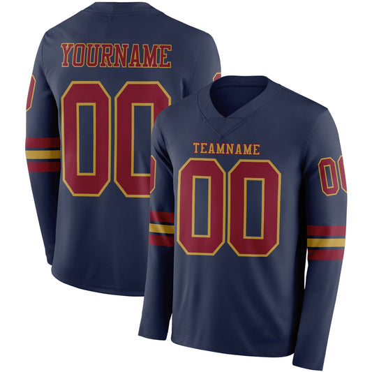 Custom Navy Crimson-Old Gold Long Sleeve Authentic Football Jersey - Main View