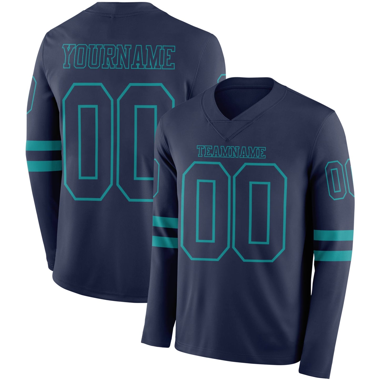 Custom Navy Teal Long Sleeve Authentic Football Jersey - Main View