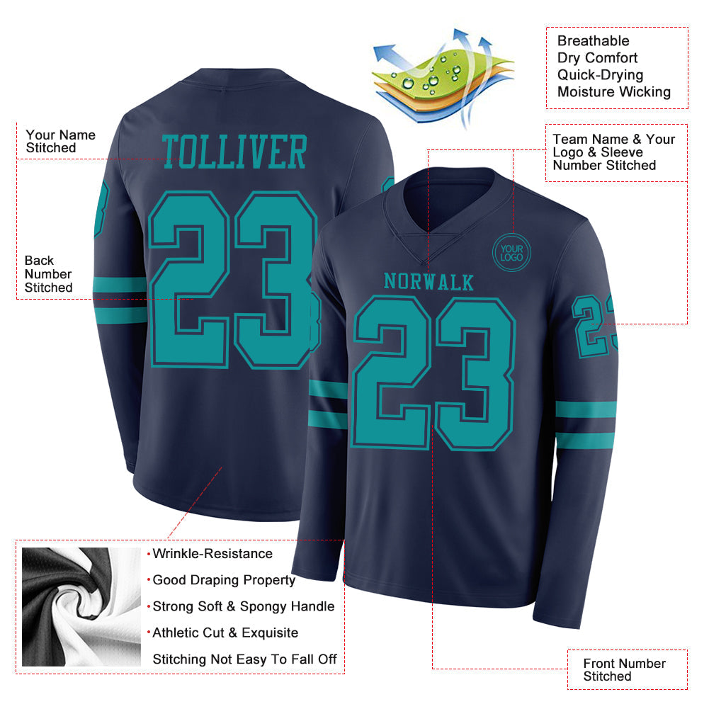Custom Navy Teal Long Sleeve Authentic Football Jersey view 2