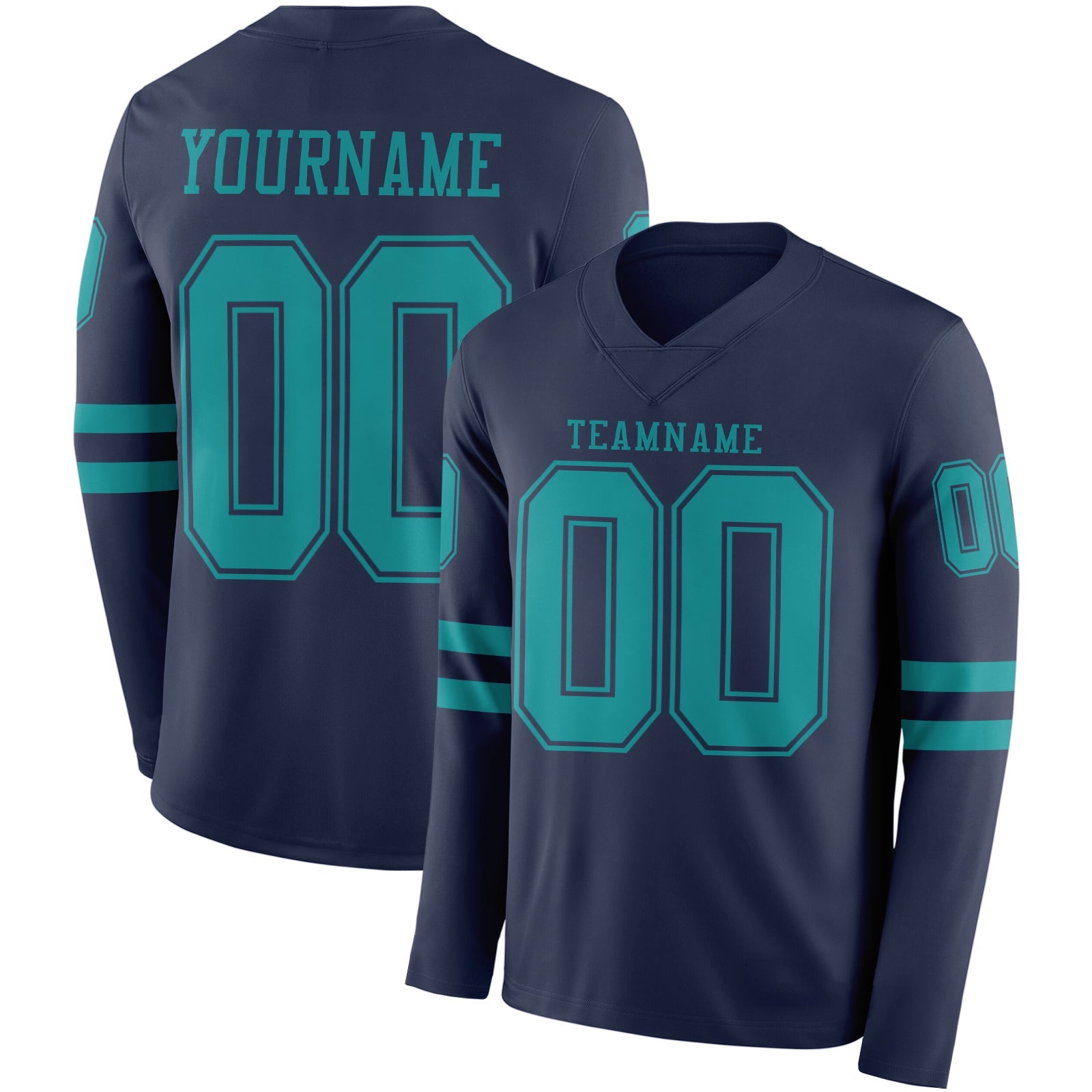 Custom Navy Teal Long Sleeve Authentic Football Jersey - Main View
