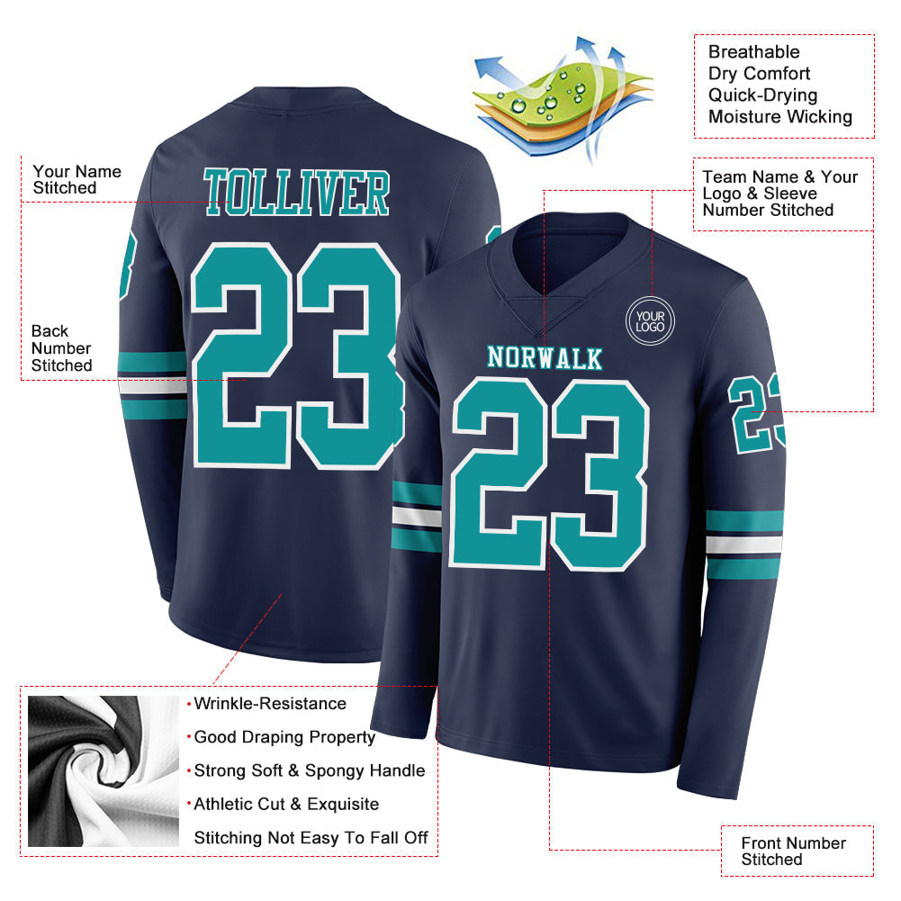 Custom Navy Teal-White Long Sleeve Authentic Football Jersey view 2