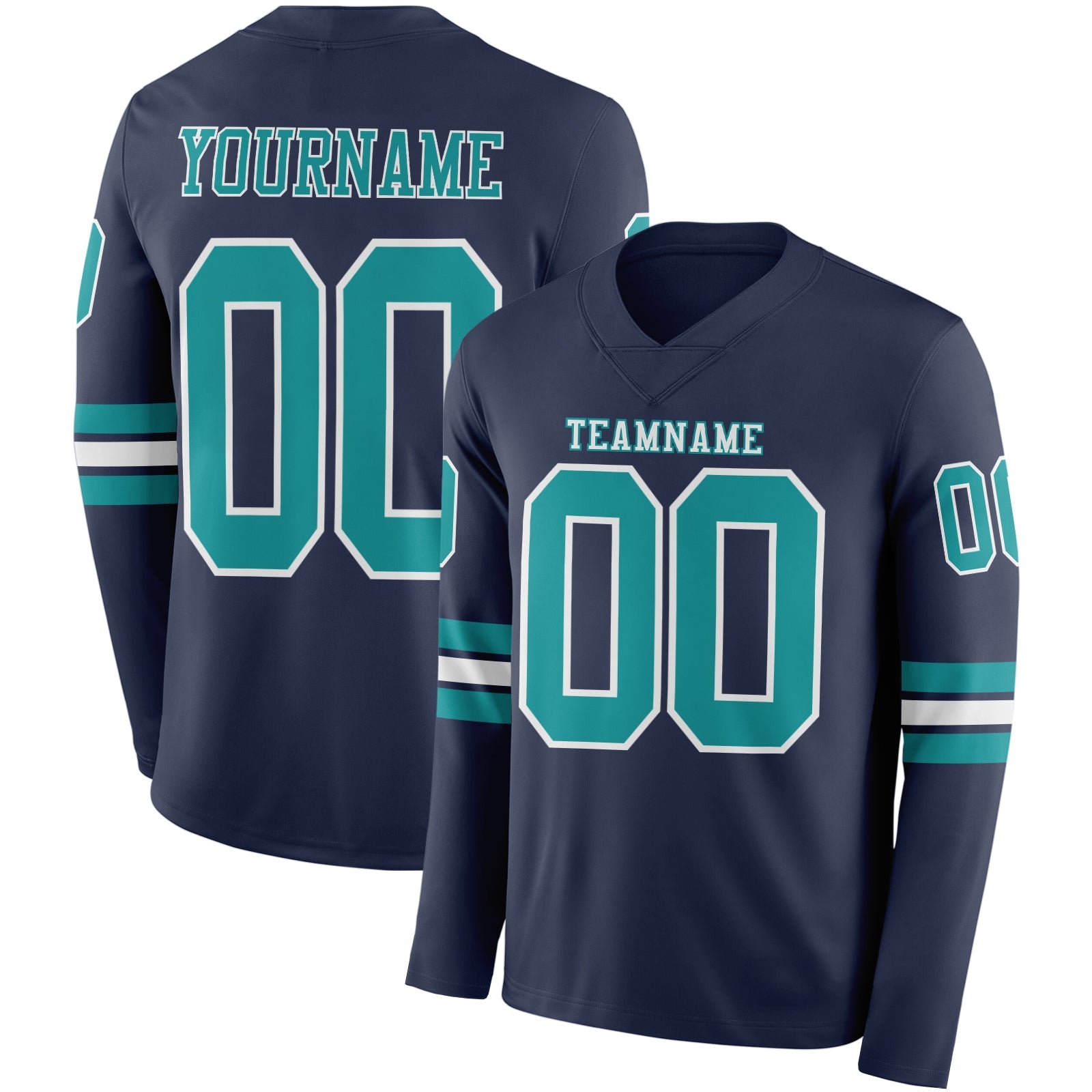 Custom Navy Teal-White Long Sleeve Authentic Football Jersey - Main View